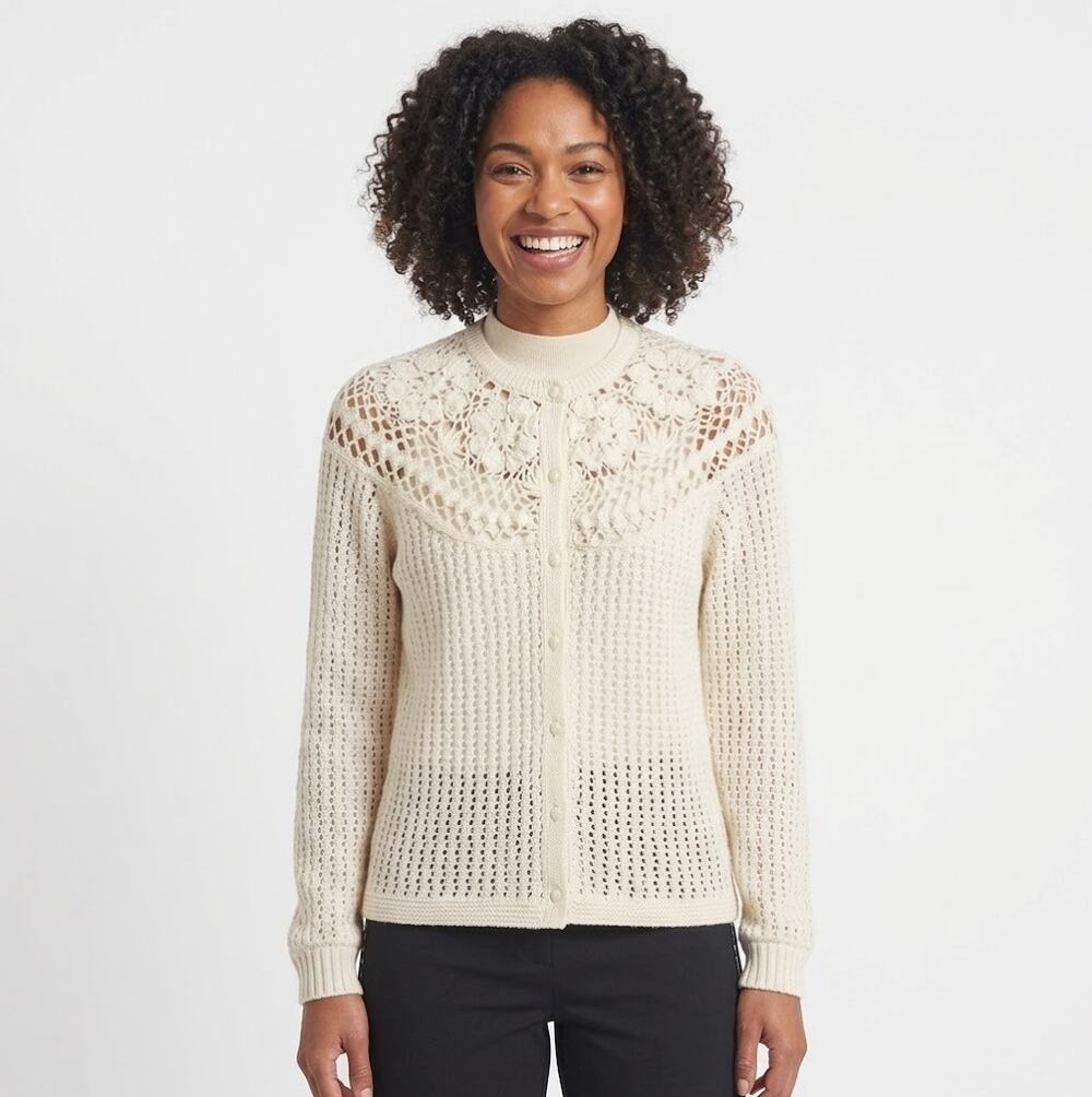 Leroy VINTAGE Small Knitwear Cardigan Sweater V-Neck Granny Crochet Long Sleeve